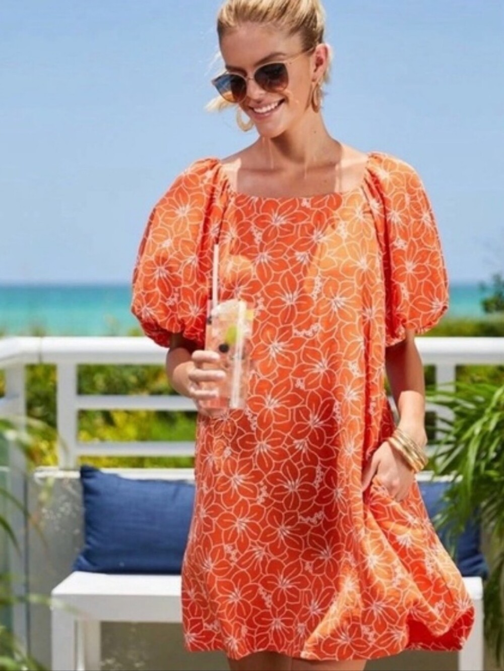 Harper 241 Embroidered Floral Orange Puff Sleeve Dress Sz L